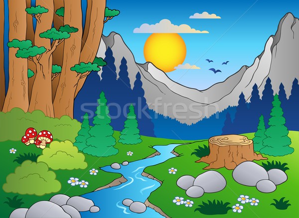Stockfoto: Cartoon · bos · landschap · bomen · berg · zomer