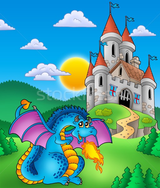 Big blue dragon with medieval castle Stock photo © clairev