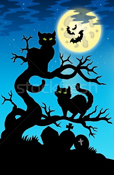 Stockfoto: Twee · katten · silhouet · volle · maan · kleur · illustratie