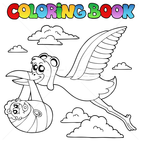 Stock photo: Coloring book with stork and baby