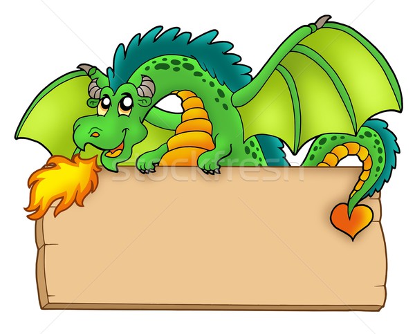 Stock photo: Giant green dragon holding board