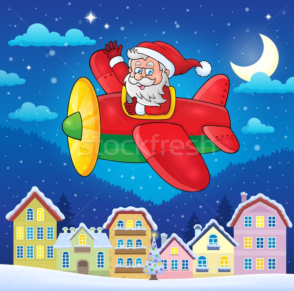 Foto stock: Navidad · ciudad · papá · noel · avión · feliz · luna