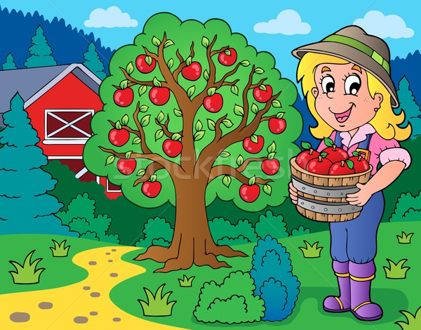 Farm girl with collected apples Stock photo © clairev