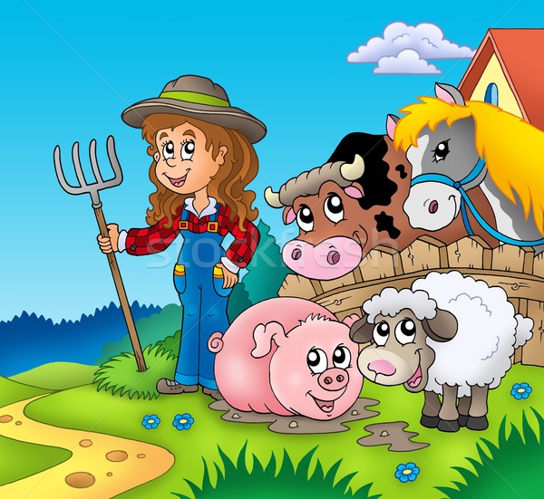 Stock photo: Country girl with farm animals