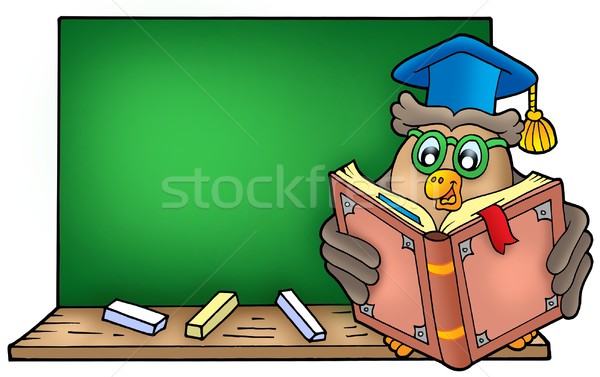 Owl teacher reading book on blackboard Stock photo © clairev