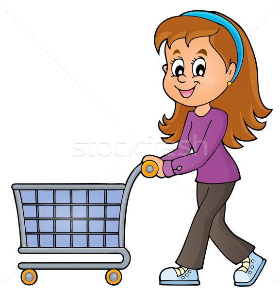 Foto stock: Mulher · vazio · carrinho · de · compras · sorrir · compras · arte