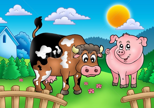 Cartoon vache porc derrière clôture couleur Photo stock © clairev