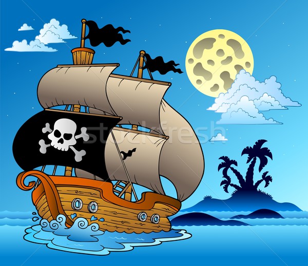 Pirate sailboat with island silhouette Stock photo © clairev
