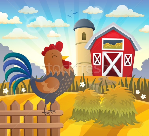 Farmland with rooster on fence Stock photo © clairev