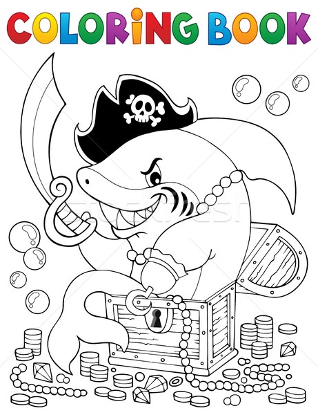 Coloring book pirate shark with treasure Stock photo © clairev