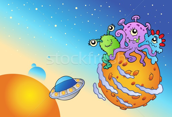 Spacescape with three cute aliens Stock photo © clairev