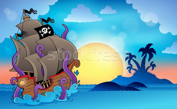 Foto stock: Pirata · navio · pequeno · ilha · água · sol