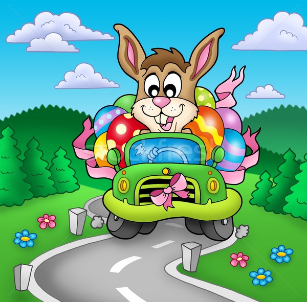 Easter Bunny rijden auto weg kleur illustratie Stockfoto © clairev