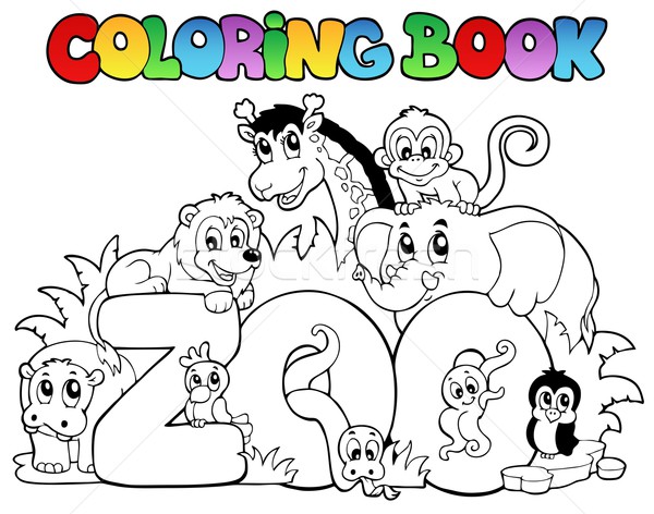 Stock photo: Coloring book zoo sign with animals