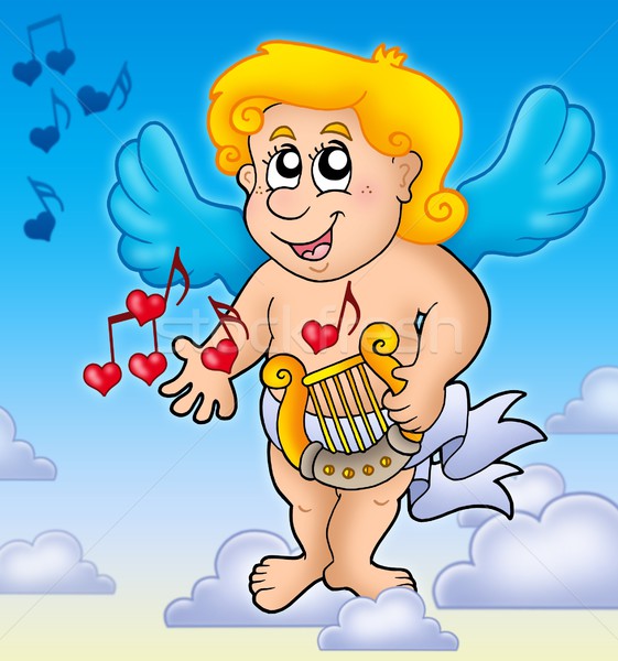 Cupid playing harp on sky Stock photo © clairev