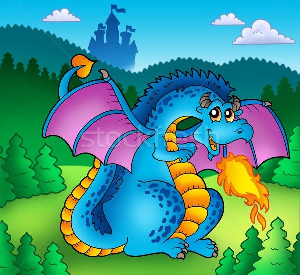 Big blue fire dragon with old castle Stock photo © clairev