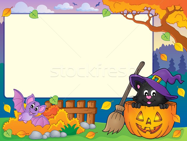 Stock fotó: ősz · keret · halloween · macska · művészet · levelek