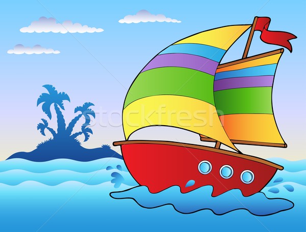 Desen animat barcă cu pânze mic insulă apă sportiv Imagine de stoc © clairev