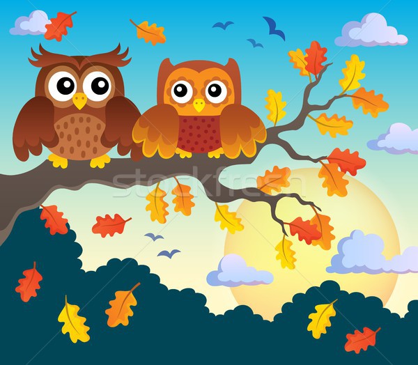 Stock photo: Autumn owls on branch theme image 2