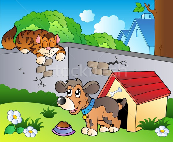 Backyard with cartoon cat and dog Stock photo © clairev