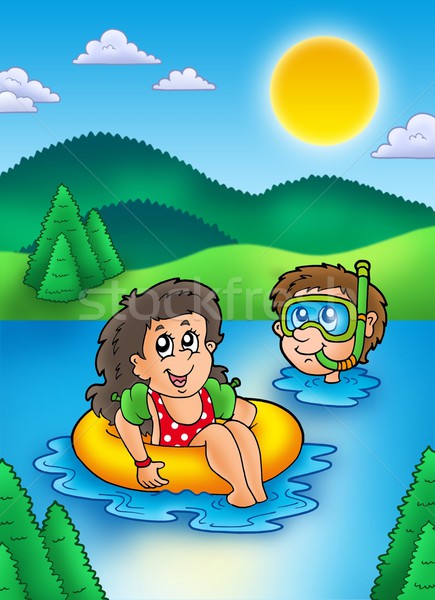 Zwei Schwimmen Kinder See Farbe Illustration Stock foto © clairev