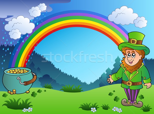Meadow with rainbow and leprechaun Stock photo © clairev
