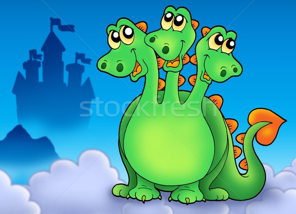 Green three headed dragon on sky Stock photo © clairev