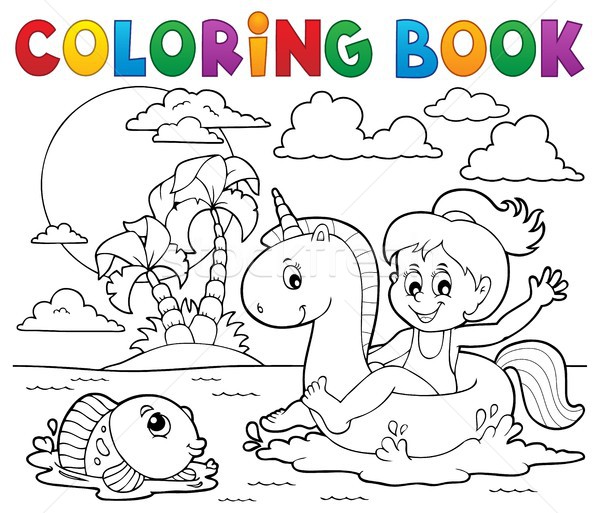 Coloring book girl floating on unicorn 2 Stock photo © clairev