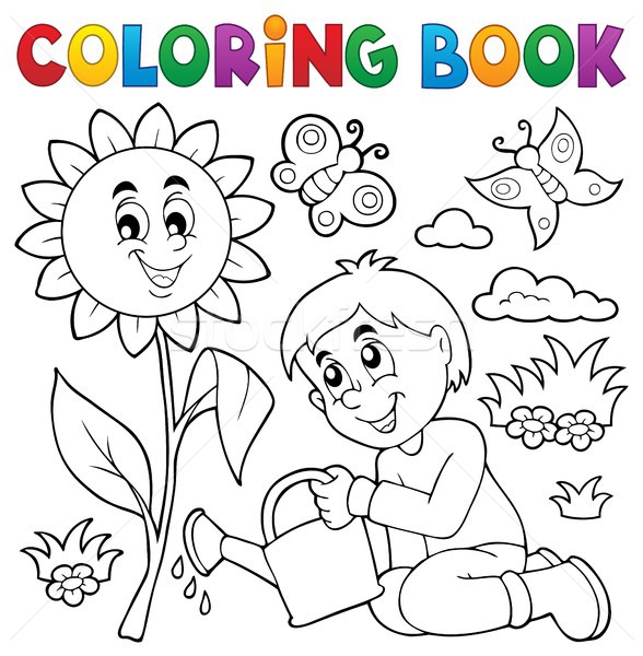 Livro para colorir menino jardinagem primavera livro feliz Foto stock © clairev