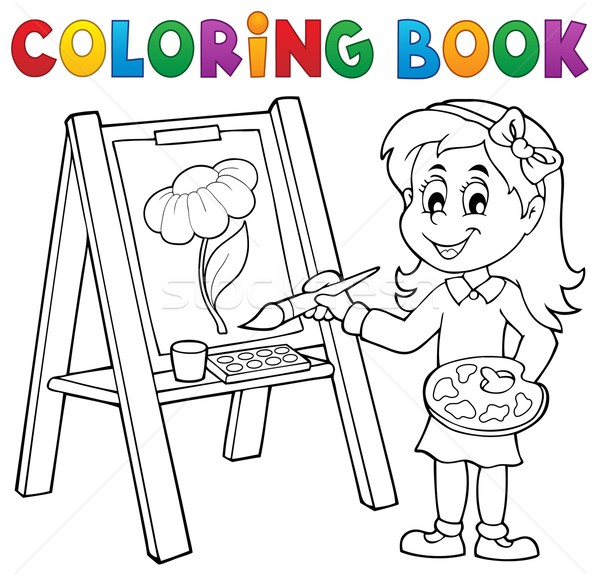 Livro para colorir menina pintura lona flor sorrir Foto stock © clairev