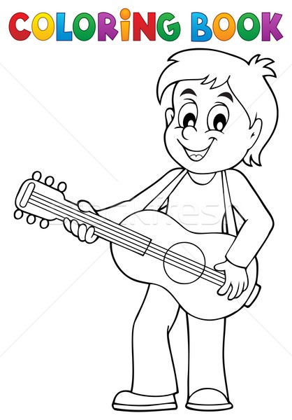 Kifestőkönyv fiú gitáros mosoly könyv gitár Stock fotó © clairev