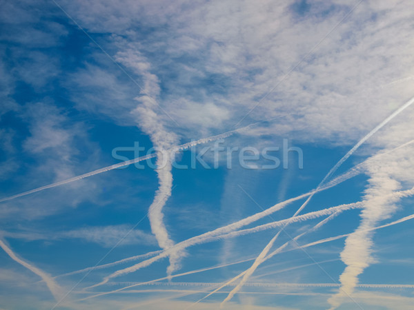 Stockfoto: Blauwe · hemel · vliegtuig · achtergrond · rook · Blauw · vliegtuig