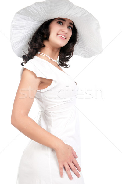 Fiatal nő fehér ruha kalap gyönyörű fiatal divat Stock fotó © clearviewstock
