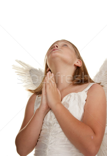 Stockfoto: Jonge · engel · meisje · bidden · geïsoleerd · witte