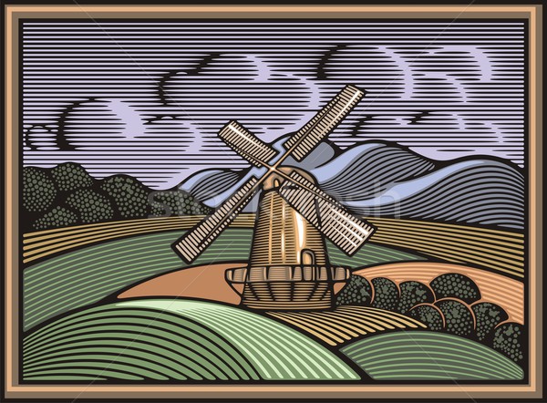 Windmühle Felder Berge Retro Stil Vektor Stock foto © clipart_design
