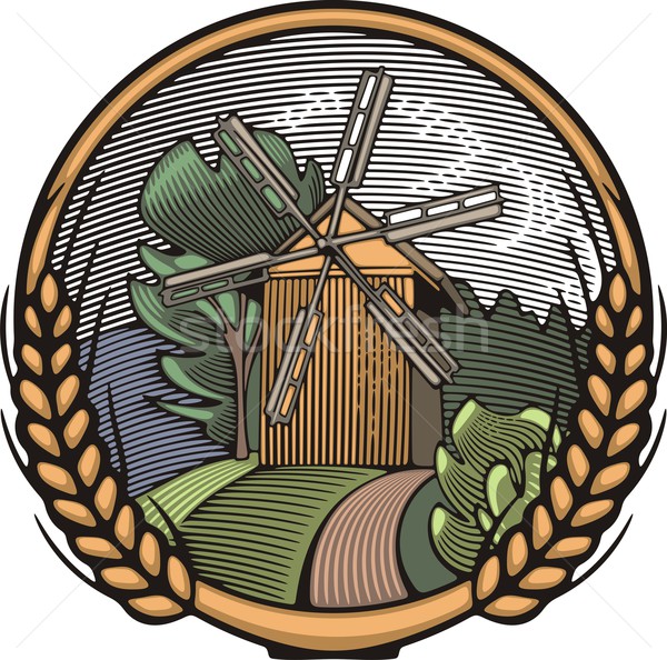 Windmühle Felder Berge Retro Stil Vektor Stock foto © clipart_design