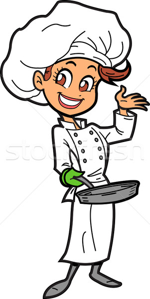 Kobiet kucharz szczęśliwy uśmiechnięty patelnia Zdjęcia stock © ClipArtMascots