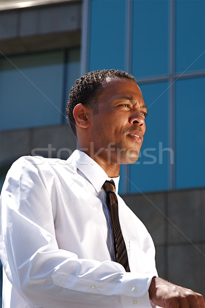 Stockfoto: Jonge · zakenman · geslaagd · macht · pak · gebouw