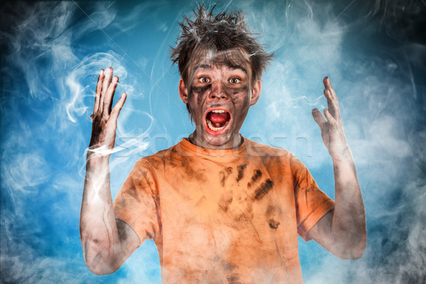 Elektryczne szoku chłopca człowiek włosy dymu Zdjęcia stock © cookelma