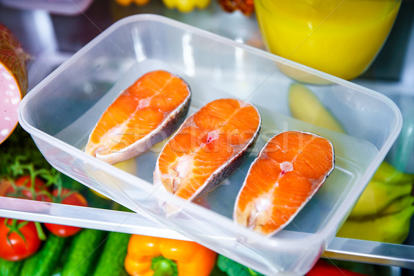 Raw Salmon steak in the open refrigerator Stock photo © cookelma