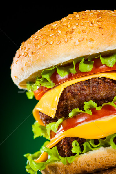 Tasty and appetizing hamburger on a darkly green Stock photo © cookelma