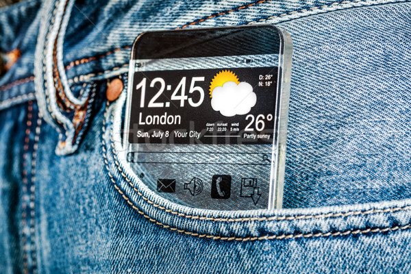 Stockfoto: Smartphone · transparant · scherm · zak · jeans · futuristische