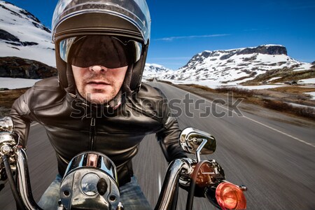 Motoros versenyzés út sisak bőrdzseki férfi Stock fotó © cookelma