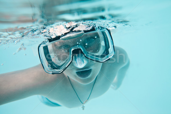 Foto stock: Menino · subaquático · água · piscina · azul · crianças