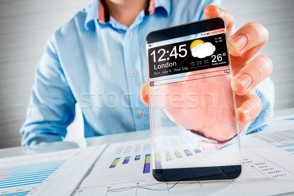 Smartphone przezroczysty ekranu ludzi ręce futurystyczny Zdjęcia stock © cookelma