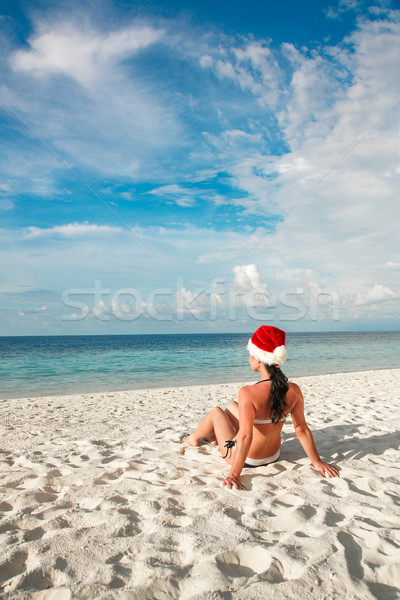 Stockfoto: Vrouw · hoed · strand · christmas · vakantie