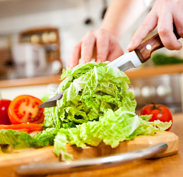 Hände Schneiden Gemüse Salat hinter frischem Gemüse Stock foto © cookelma