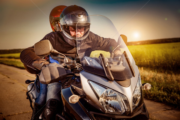 Motorosok út pár bőrdzseki lovaglás motorkerékpár Stock fotó © cookelma