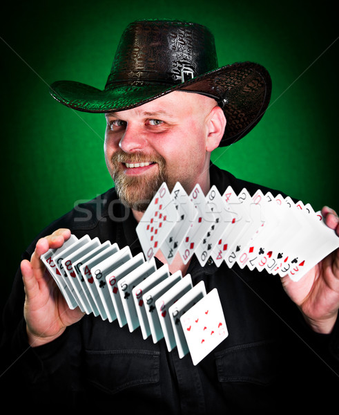 Foto stock: Homem · cartas · de · jogar · mão · cassino · seis · cartões