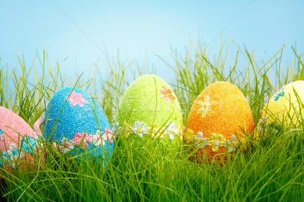 Foto stock: Decorado · huevos · de · Pascua · hierba · azul · cielo · flor